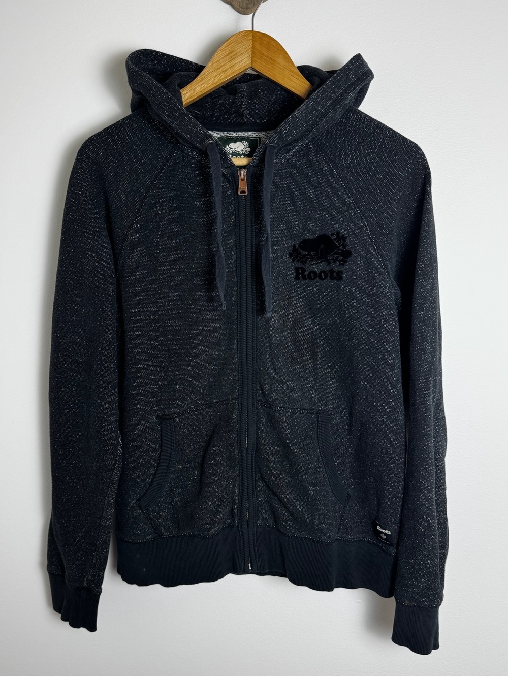 Roots Salt & Pepper Zip Hoodie L Black Beaver Logo Cabin Core